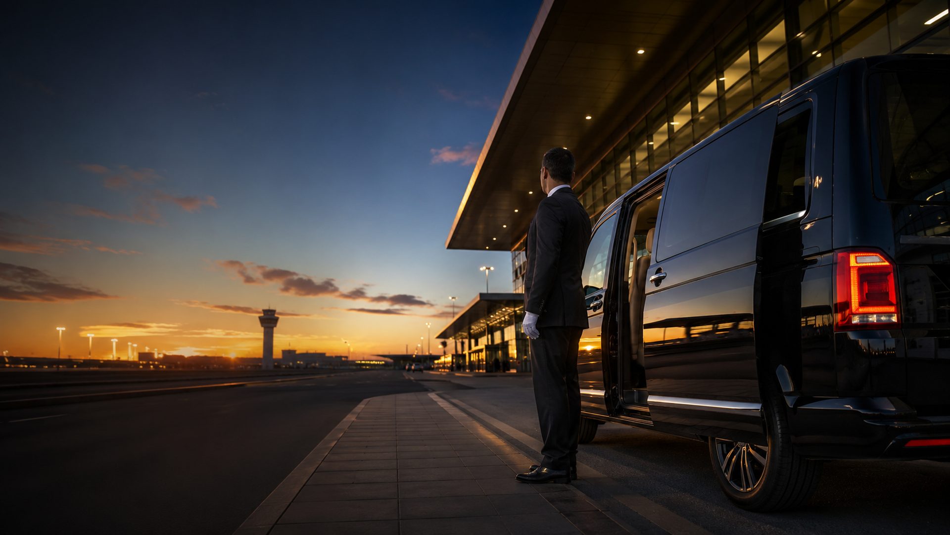 Conductor de Transportes Trisant esperando junto a la van en el aeropuerto
